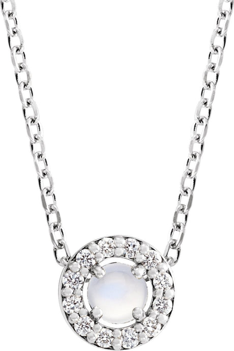 Platinum Round Natural Rainbow Moonstone Halo-Style Rose-Cut Necklace or Pendant