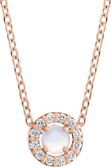 14K Gold Round Natural Rainbow Moonstone Halo-Style Rose-Cut Necklace or Pendant - Rose Gold