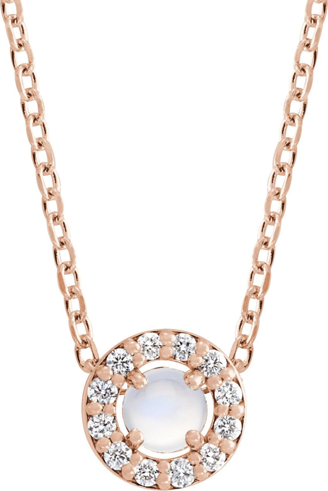 14K Gold Round Natural Rainbow Moonstone Halo-Style Rose-Cut Necklace or Pendant - Rose Gold
