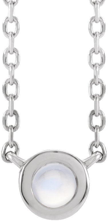 14K Gold Round Natural Rainbow Moonstone Rose-Cut Bezel-Set Necklace - White Gold
