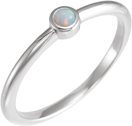 14K Gold Round Natural White Opal Bezel-Set Stackable Ring - White Gold