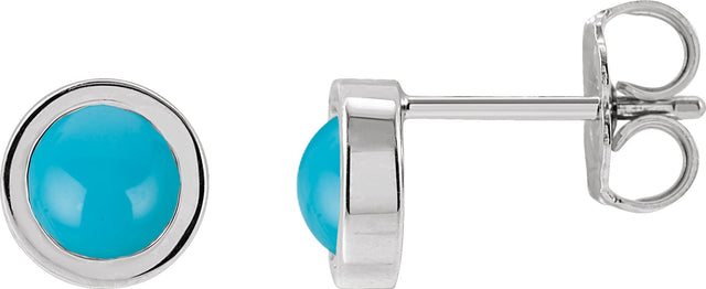 14K Gold Natural Turquoise Round Bezel-Set Rose-Cut Stud Earrings - White Gold