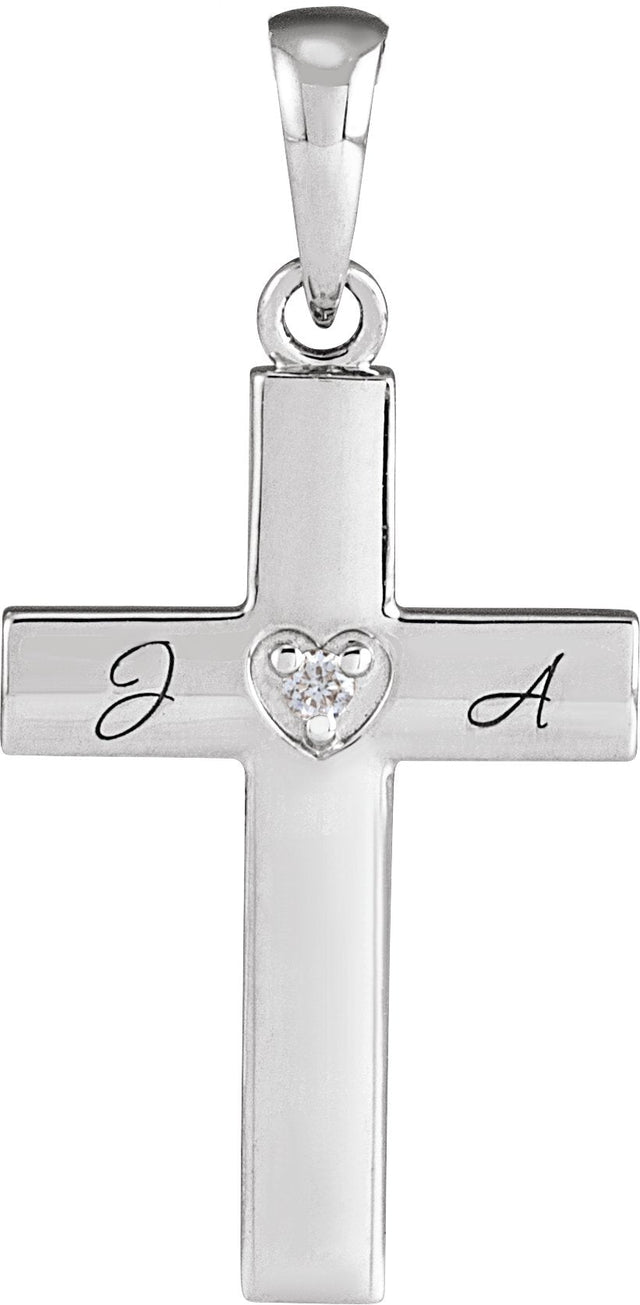 14K Gold Round Natural Diamond Engravable Cross Necklace or Pendant - White Gold - view 3