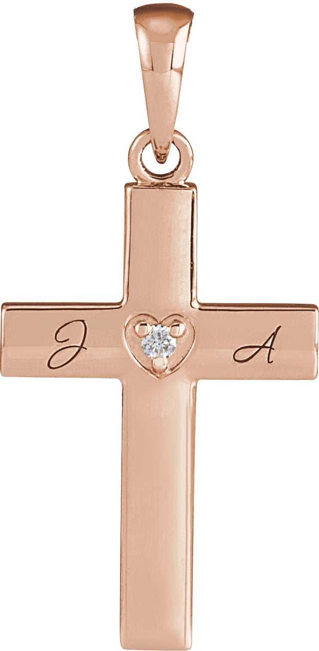 14K Gold Round Natural Diamond Engravable Cross Necklace or Pendant - Rose Gold - view 3