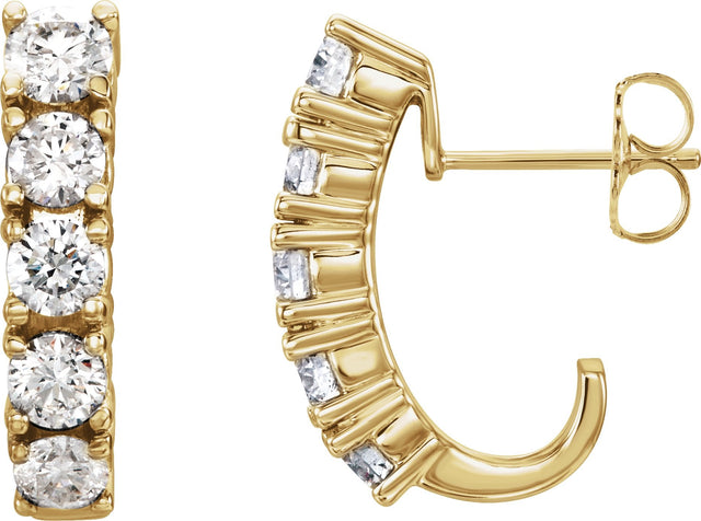 14K Gold Round Natural Diamond Accented J-Hoop Earrings – 3.6mm Stones - Yellow Gold