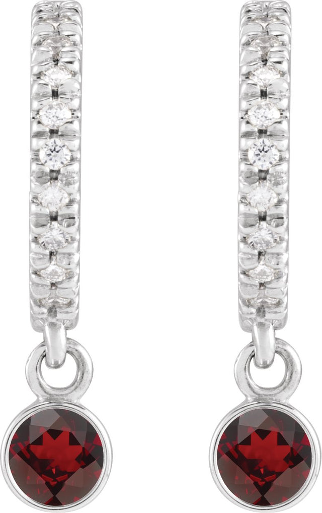 14K Gold Round Natural Mozambique Garnet French-Set Hoop Earrings - White Gold - view 2