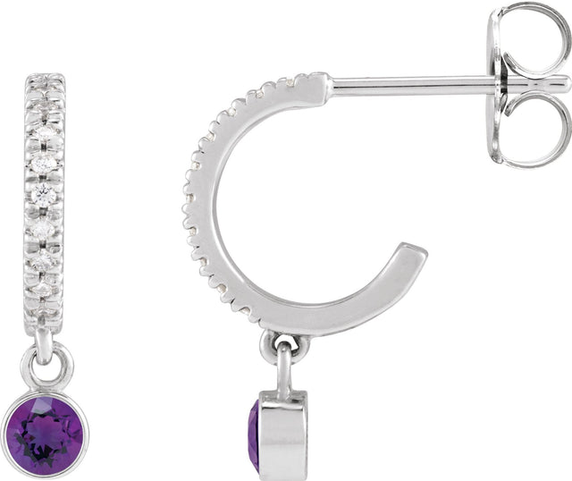 Platinum Round Natural Amethyst French-Set Hoop Earrings