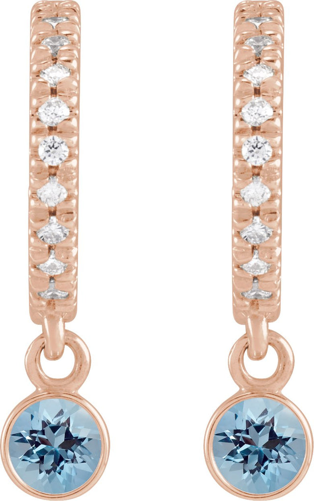 14K Gold Round Natural Aquamarine French-Set Hoop Earrings - Rose Gold - view 2