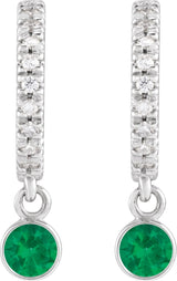14K Gold Round Natural Emerald French-Set Hoop Earrings - White Gold - view 2