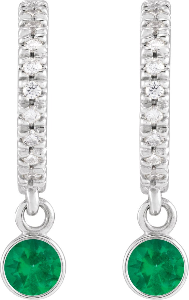 14K Gold Round Natural Emerald French-Set Hoop Earrings - White Gold - view 2