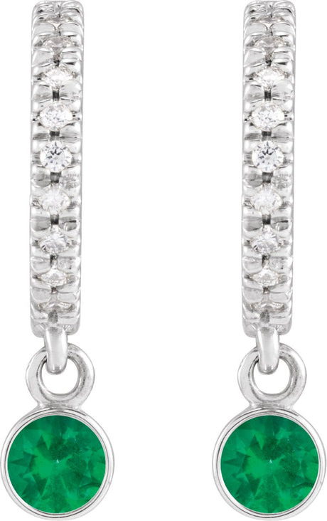 Platinum Round Natural Emerald French-Set Hoop Earrings - view 2