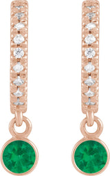 14K Gold Round Natural Emerald French-Set Hoop Earrings - Rose Gold - view 2