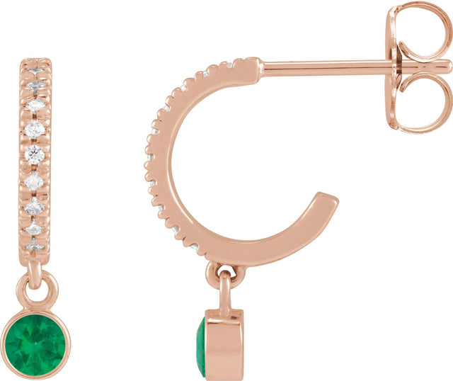 14K Gold Round Lab-Grown Emerald French-Set Hoop Earrings - Rose Gold