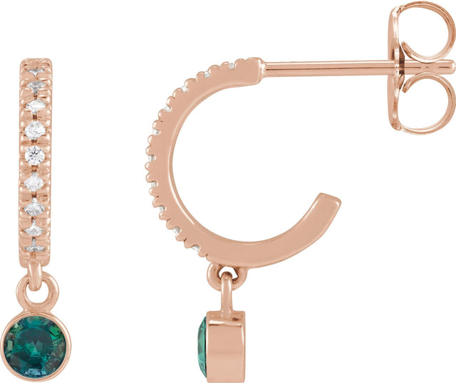14K Gold Round Natural Alexandrite French-Set Hoop Earrings - Rose Gold