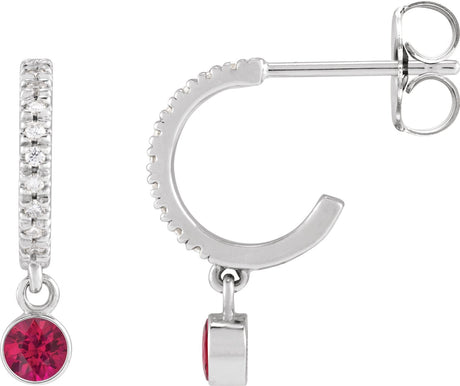 Platinum Round Lab-Grown Ruby French-Set Hoop Earrings