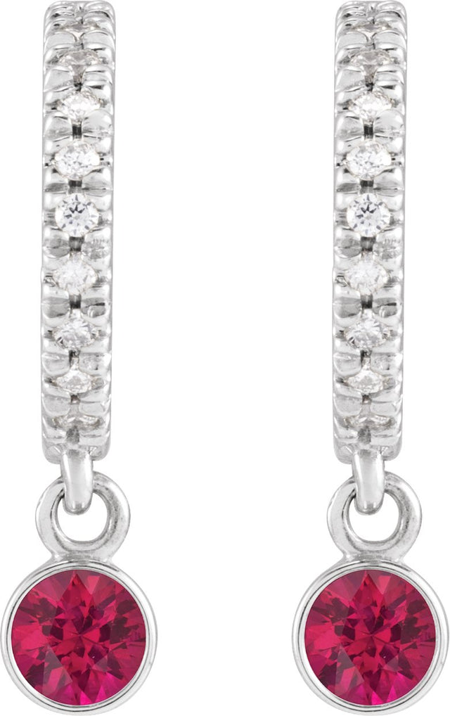 14K Gold Round Lab-Grown Ruby French-Set Hoop Earrings - White Gold - view 2