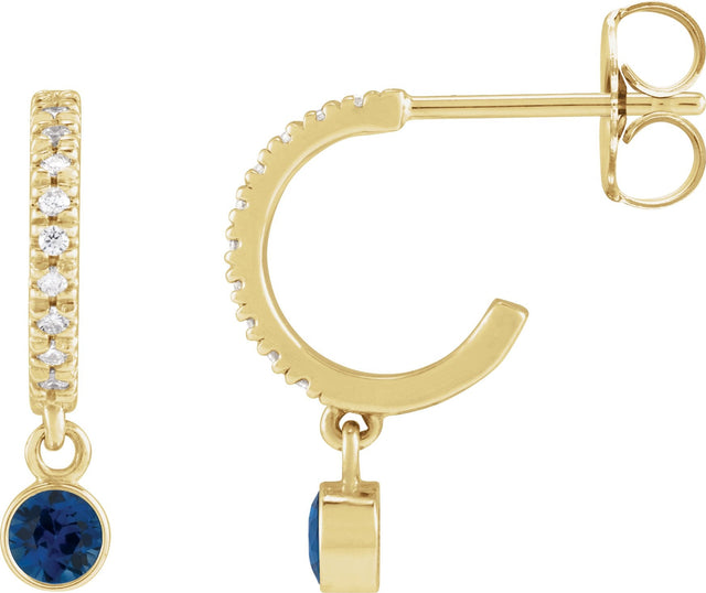 14K Gold Round Natural Blue Sapphire French-Set Hoop Earrings - Yellow Gold