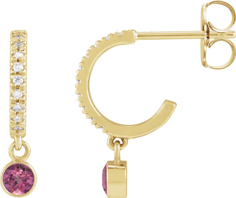 14K Gold Round Natural Pink Tourmaline French-Set Hoop Earrings - Yellow Gold