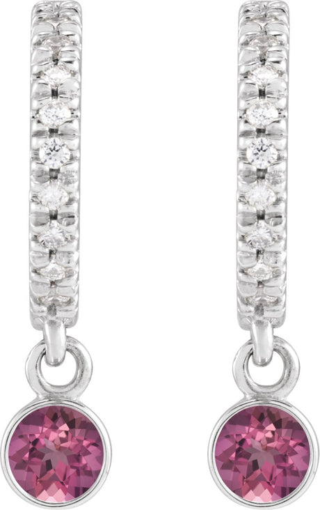 Platinum Round Natural Pink Tourmaline French-Set Hoop Earrings - view 2