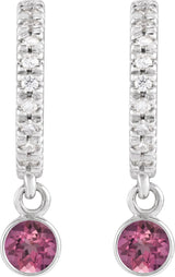 14K Gold Round Natural Pink Tourmaline French-Set Hoop Earrings - White Gold - view 2