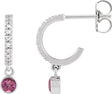 14K Gold Round Natural Pink Tourmaline French-Set Hoop Earrings - White Gold