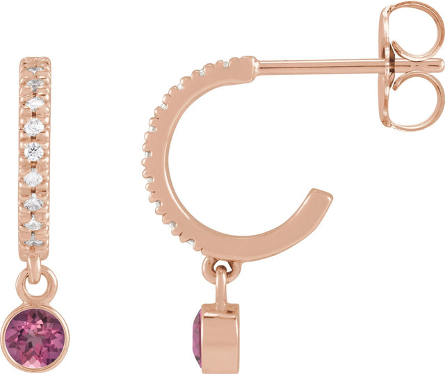 14K Gold Round Natural Pink Tourmaline French-Set Hoop Earrings - Rose Gold