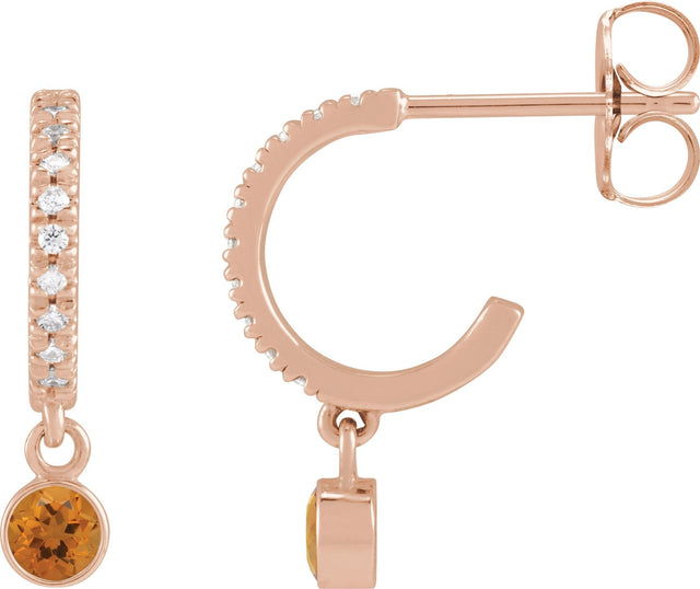 14K Gold Round Natural Citrine French-Set Hoop Earrings - Rose Gold