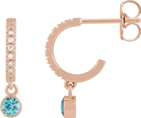 14K Gold Round Natural Blue Zircon French-Set Hoop Earrings - Rose Gold