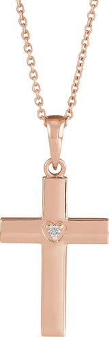 14K Gold Round Natural Diamond Engravable Cross Necklace or Pendant - Rose Gold