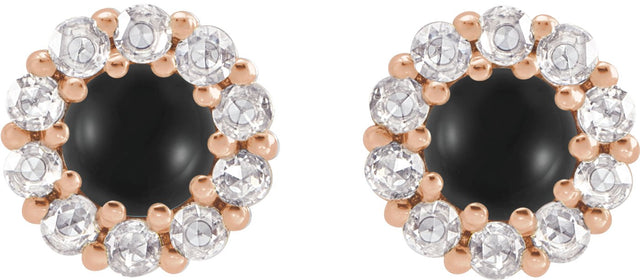 14K Gold Round Natural Black Onyx Rose-Cut Halo-Style Earrings - Rose Gold - view 5