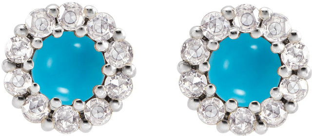 14K Gold Round Natural Turquoise Rose-Cut Halo-Style Earrings - White Gold - view 4