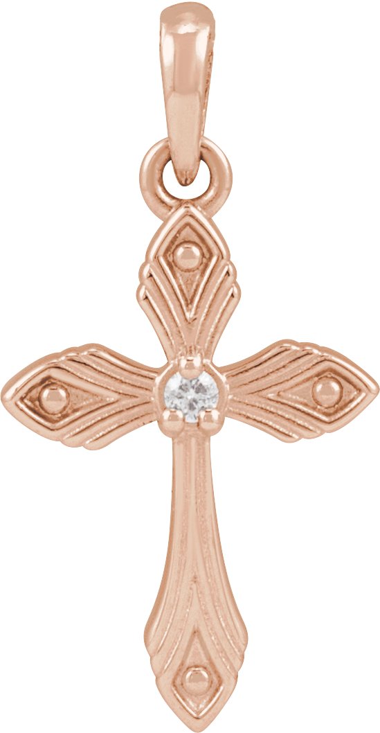 14K Gold Round Natural Diamond Accented Cross Necklace - Rose Gold