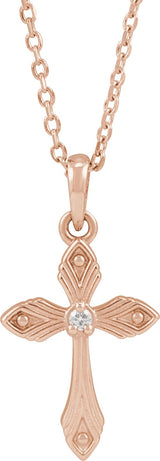 14K Gold Round Natural Diamond Accented Cross Necklace - Rose Gold
