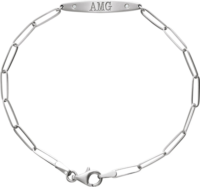 14K Gold Round Natural Diamond Engravable Curved Bar Bracelet - White Gold - view 3