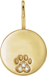 14K Gold Round Natural Diamond Engraved Paw Print Pendant - Yellow Gold
