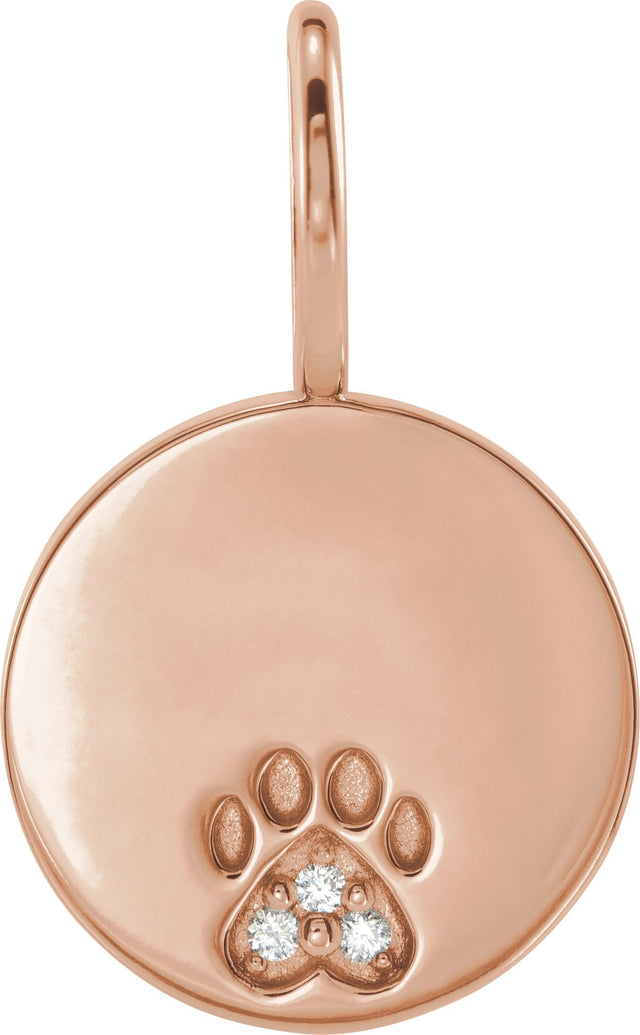 14K Gold Round Natural Diamond Engraved Paw Print Pendant - Rose Gold