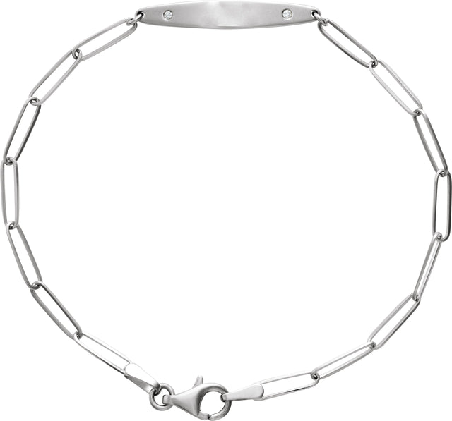 14K Gold Round Natural Diamond Engravable Curved Bar Bracelet - White Gold