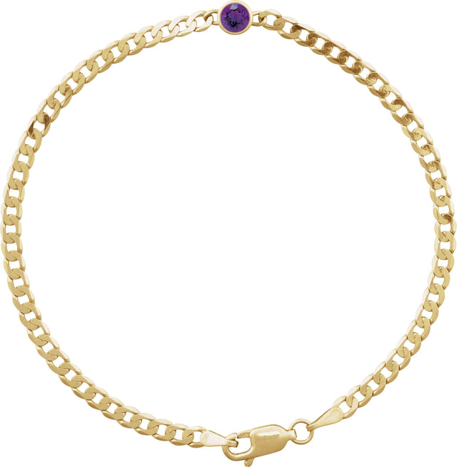 14K Gold Round Natural Amethyst Bezel-Set Solitaire Curb Link Bracelet