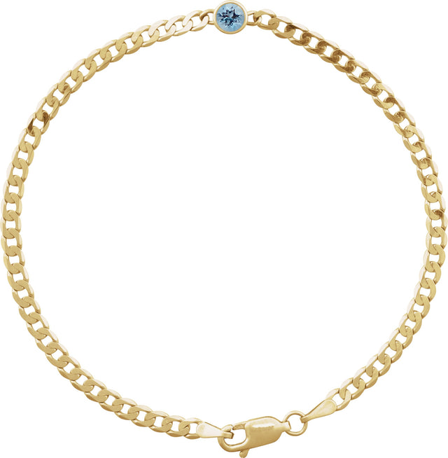 14K Gold Round Natural Aquamarine Bezel-Set Solitaire Curb Link Bracelet