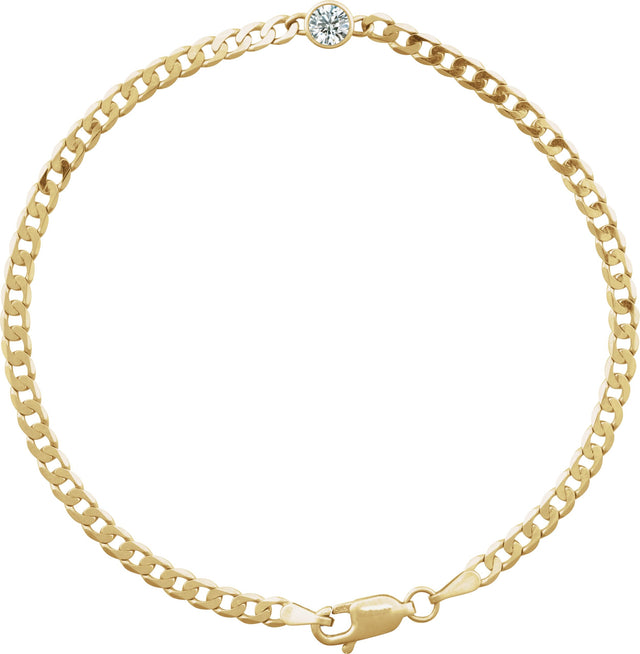 14K Gold Round Natural White Sapphire Bezel-Set Solitaire Curb Link Bracelet