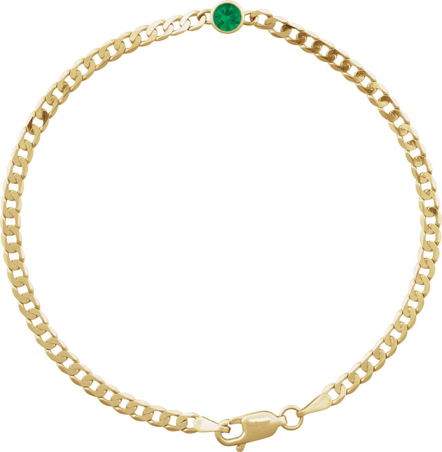 14K Gold Round Lab-Grown Emerald Bezel-Set Solitaire Curb Link Bracelet