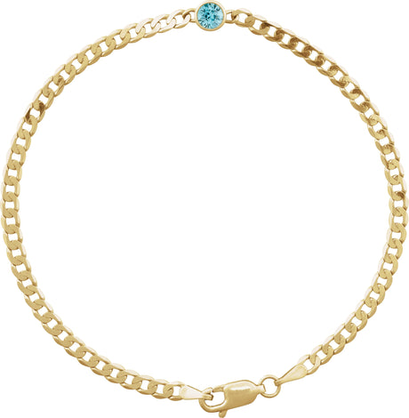 14K Gold Round Natural Blue Zircon Bezel-Set Solitaire Curb Link Bracelet