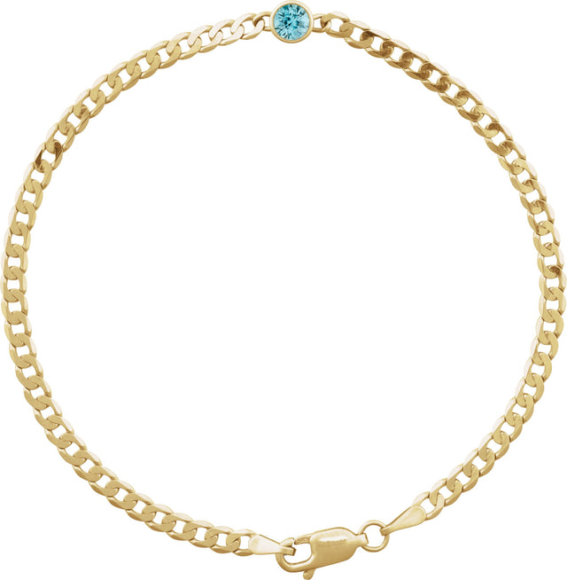 14K Gold Round Natural Blue Zircon Bezel-Set Solitaire Curb Link Bracelet