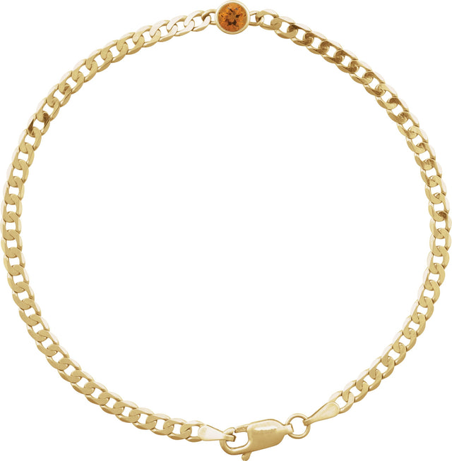 14K Gold Round Natural Citrine Bezel-Set Solitaire Curb Link Bracelet