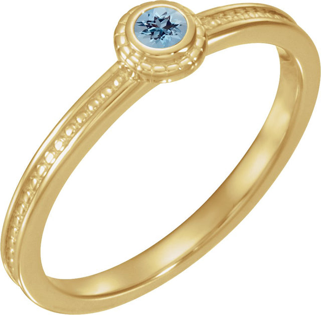 14K Gold Round Natural Aquamarine Family Stackable Ring – 3mm Stones - Yellow Gold