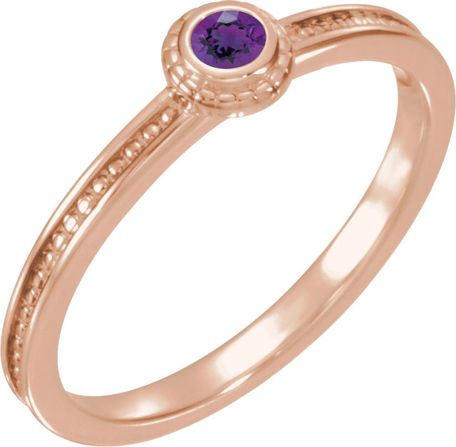 14K Gold Round Natural Amethyst Family Stackable Ring – 3mm Stones - Rose Gold