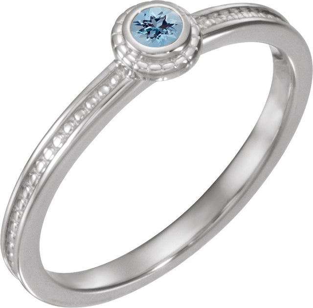 14K Gold Round Natural Aquamarine Family Stackable Ring – 3mm Stones - White Gold
