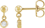 14K Gold Round Natural White Sapphire Micro-Bezel Dangle Earrings