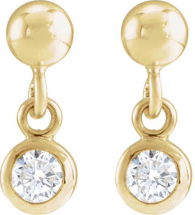 14K Gold Round Natural White Sapphire Micro-Bezel Dangle Earrings - view 2