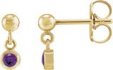 14K Gold Round Natural Amethyst Micro-Bezel Dangle Earrings